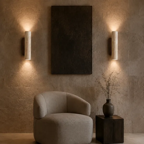 Pair of travertine wall lights flanking dark artwork above a cream armchair