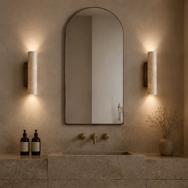 Pair of travertine wall lights either side of an arched mirror above a stone basin