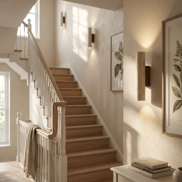 Travertine wall lights along a wooden staircase and landing, one beside botanical prints