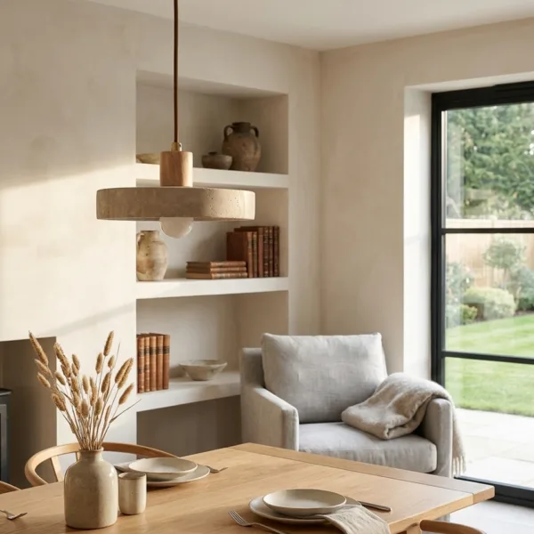 Travertine disc pendant light over a dining table beside plaster shelves and a garden door