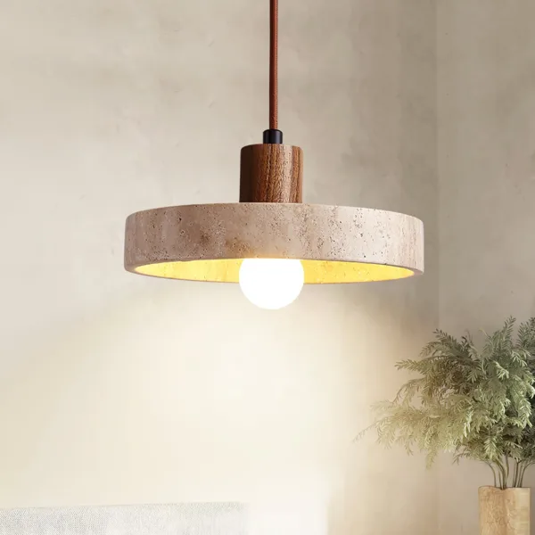 Wood and travertine disc pendant light lit with a globe bulb beside a potted plant