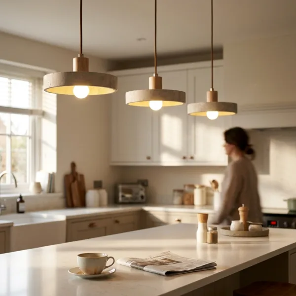 Three travertine disc pendant lights glowing over a kitchen island