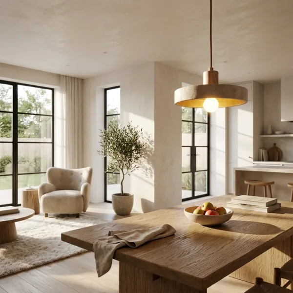 Travertine disc pendant light hanging over a wooden dining table in an open-plan living and kitchen space