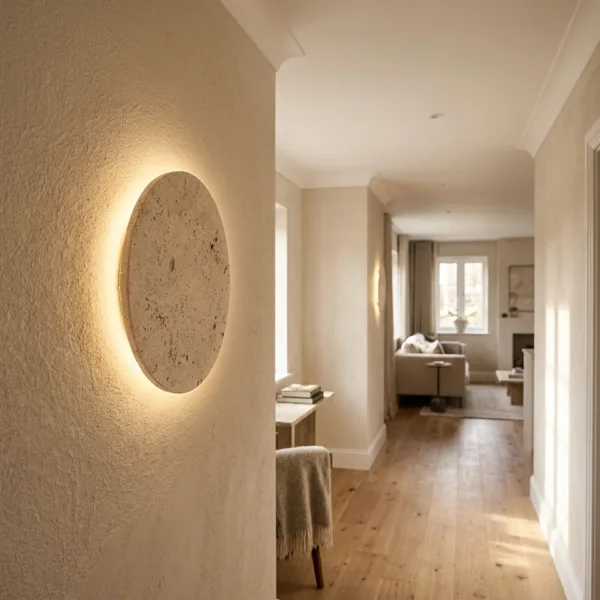 Travertine disc wall light casting a soft warm halo on a textured hallway wall, living room beyond