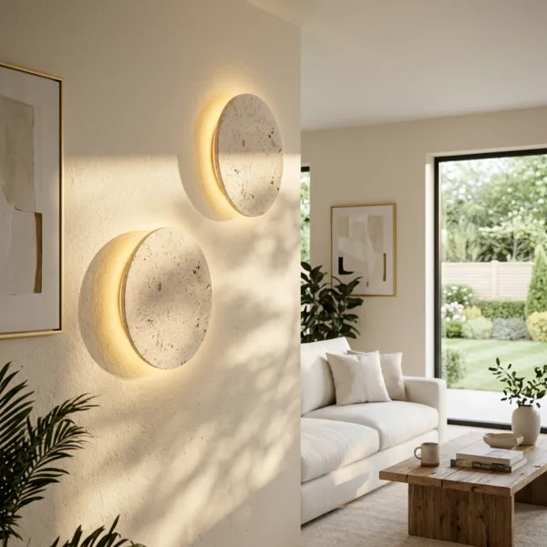 Two travertine disc wall lights at staggered heights on a living room wall, each ringed by a warm halo