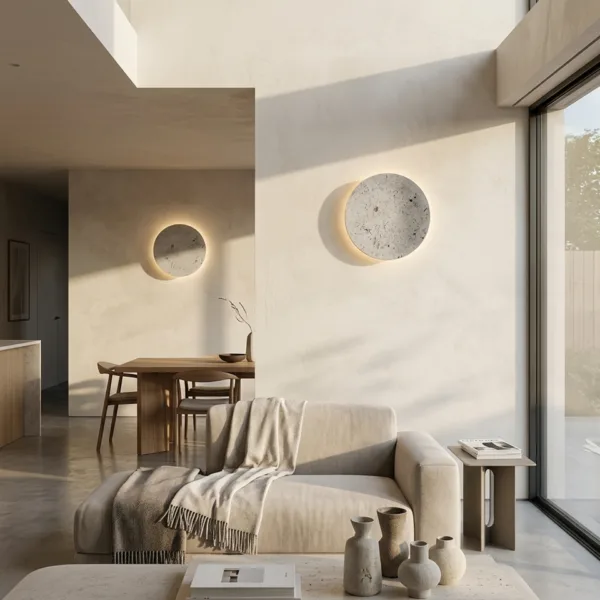 Travertine disc wall light on the cream wall of an open-plan living room, a second disc glowing by the dining table