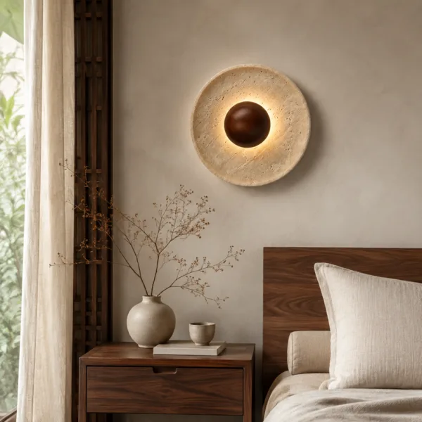 Travertine round wall lamp above a walnut nightstand beside a linen-dressed bed