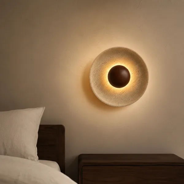 Travertine dish wall light glowing warm above a dark wood bedside table and bed