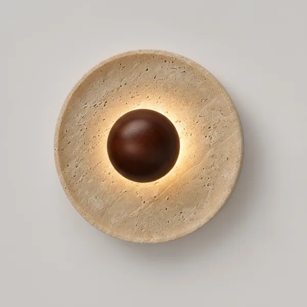 Close view of the travertine dish, its warm halo glowing out from behind the dark brown dome