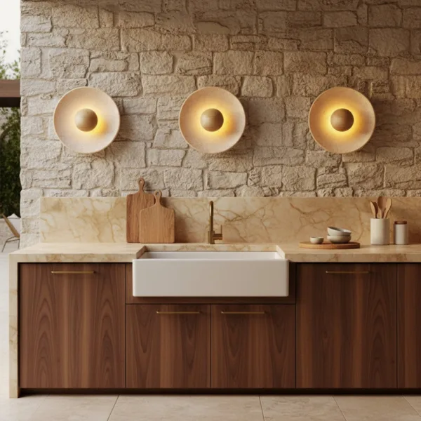 Row of three travertine dish wall lights glowing on a stone kitchen wall above a sink and walnut cabinets