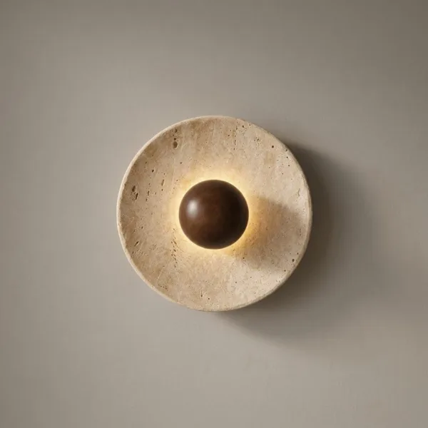 Round wall lamp of cream travertine with a dark brown dome, lit in a warm ring on a grey wall