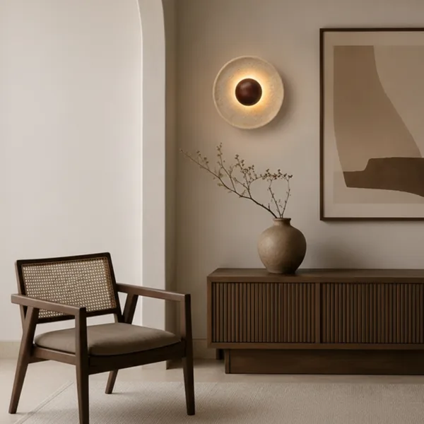 Round wall lamp in travertine above a fluted wood sideboard beside a cane armchair