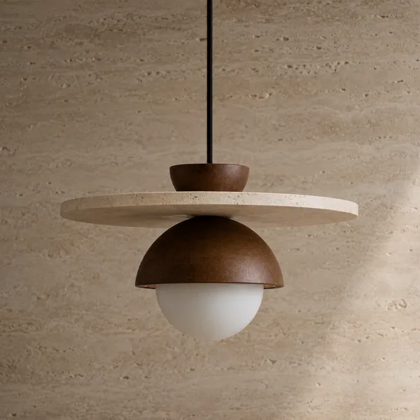 Front view of the travertine dome pendant light: honed travertine disc, walnut-tone wood cap and dome, opal borosilicate glass globe on a black cord