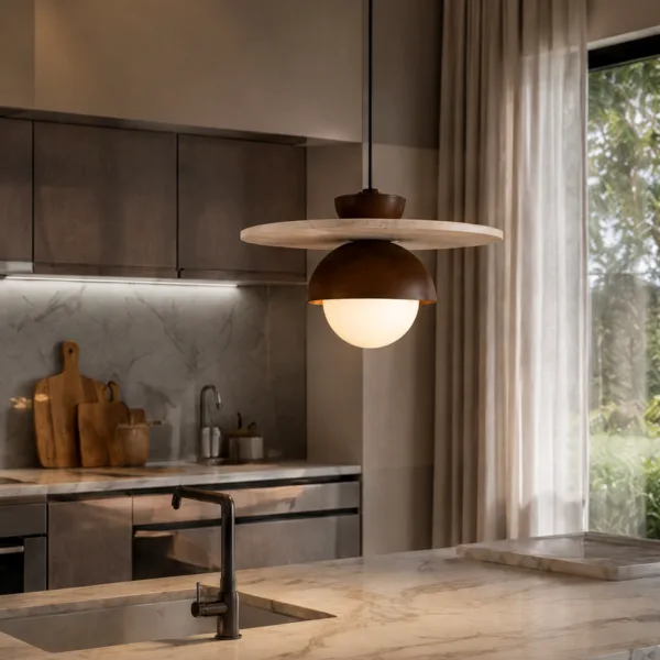 Travertine dome pendant light hanging over a marble kitchen island by a window, its opal globe lit
