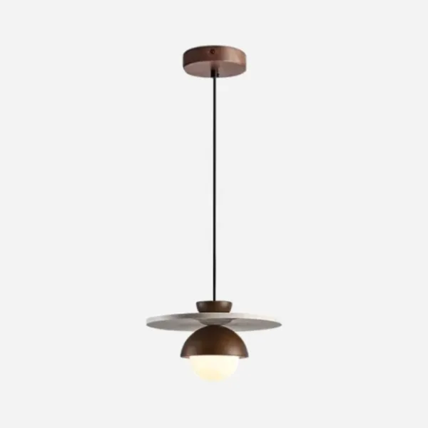 Travertine dome pendant light on a black cord with a round wood ceiling canopy, on a white background