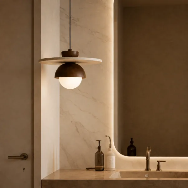 Travertine dome pendant light glowing beside a marble wall above a stone washbasin counter and a backlit mirror