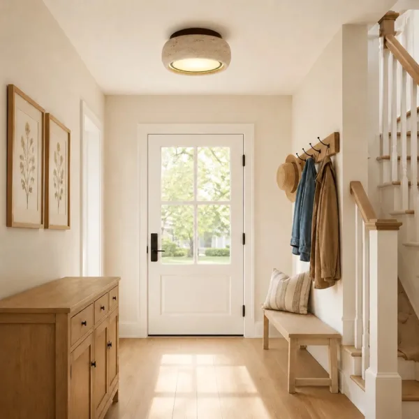 Entryway light: travertine drum ceiling light above a front door hall