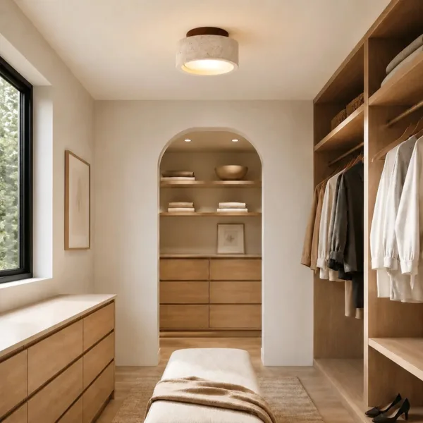 Wardrobe light: travertine drum ceiling light in a walk-in wardrobe