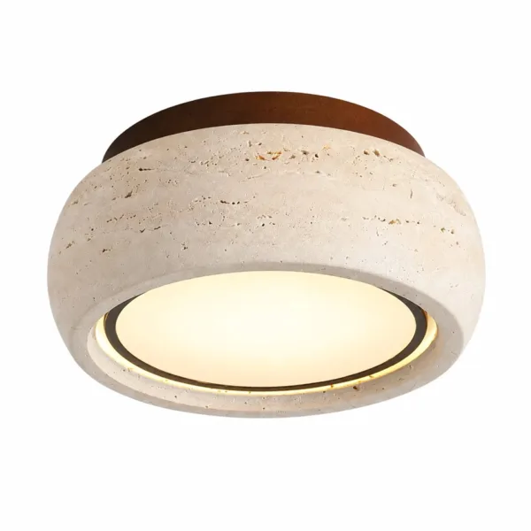 Travertine drum flush mount light on a white background
