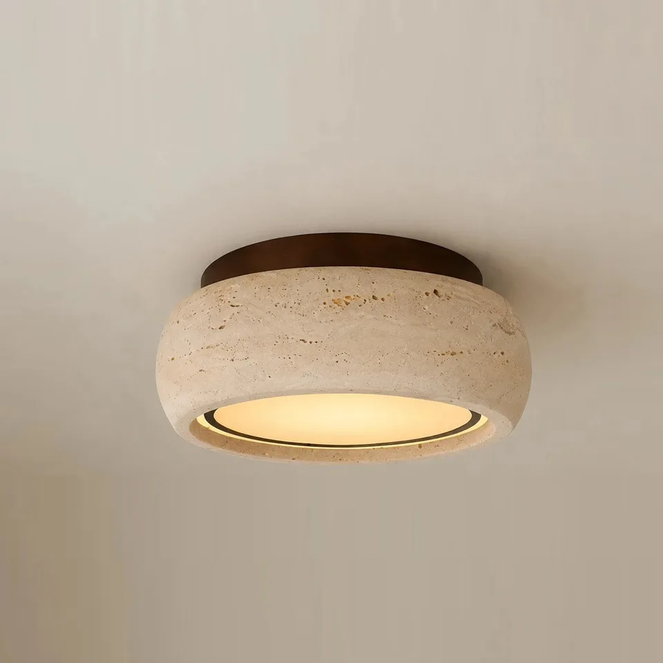 Home 3 Small travertine drum ceiling light with walnut wood canopy, glowing warm