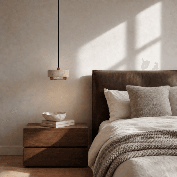 Travertine mini pendant light hanging beside a bed above a walnut nightstand with a bowl and books