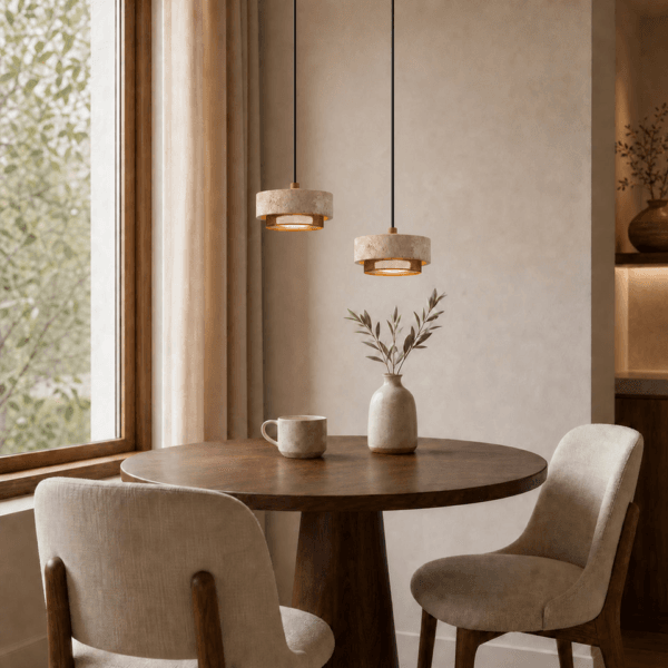 Pair of travertine mini pendant lights at different heights over a round breakfast table