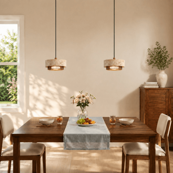 Two travertine mini pendant lights hanging over a wooden dining table by a sunlit window