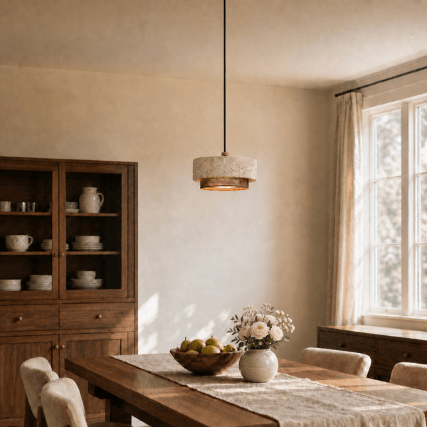 Travertine mini pendant light over a long wooden dining table beside a window and dresser