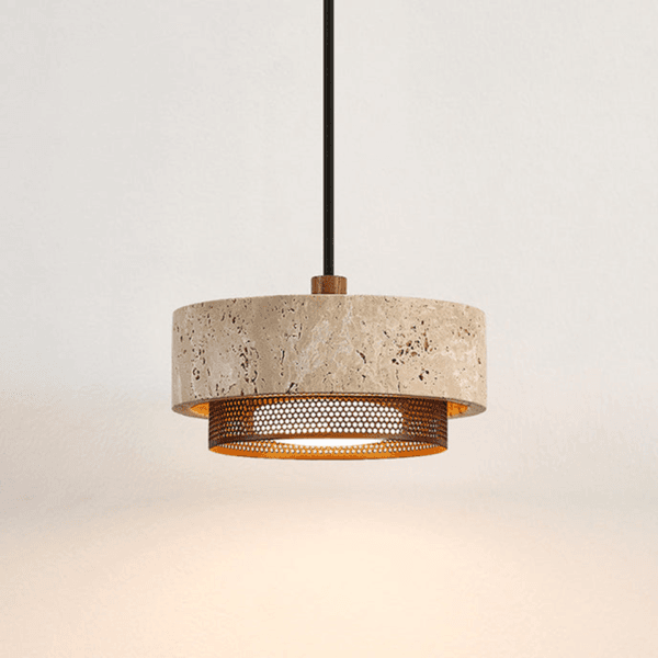 Front view of the travertine mini pendant light with wood cap and perforated stainless steel ring, lit