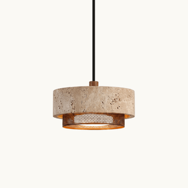 Travertine mini pendant light on a black cord against a white background