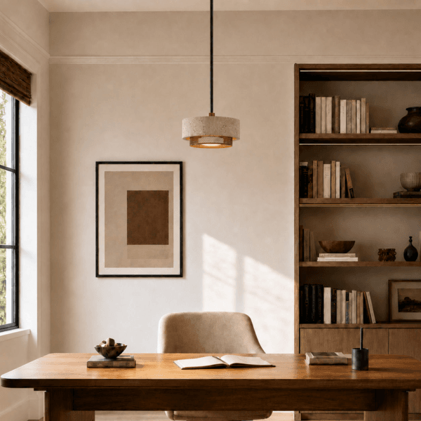 Travertine mini pendant light above a wooden desk in a study with bookshelves