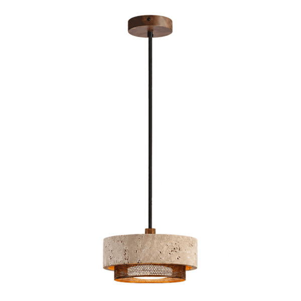 Travertine mini pendant light with its walnut-tone wood ceiling canopy and black cord