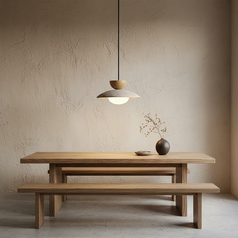 Travertine Stone Globe Pendant Light – Natural Stone, Wood & Opal Glass, 25 cm | Jagmag Lights 4 Travertine globe pendant light hanging over a solid wood dining table and benches in a minimalist plaster room