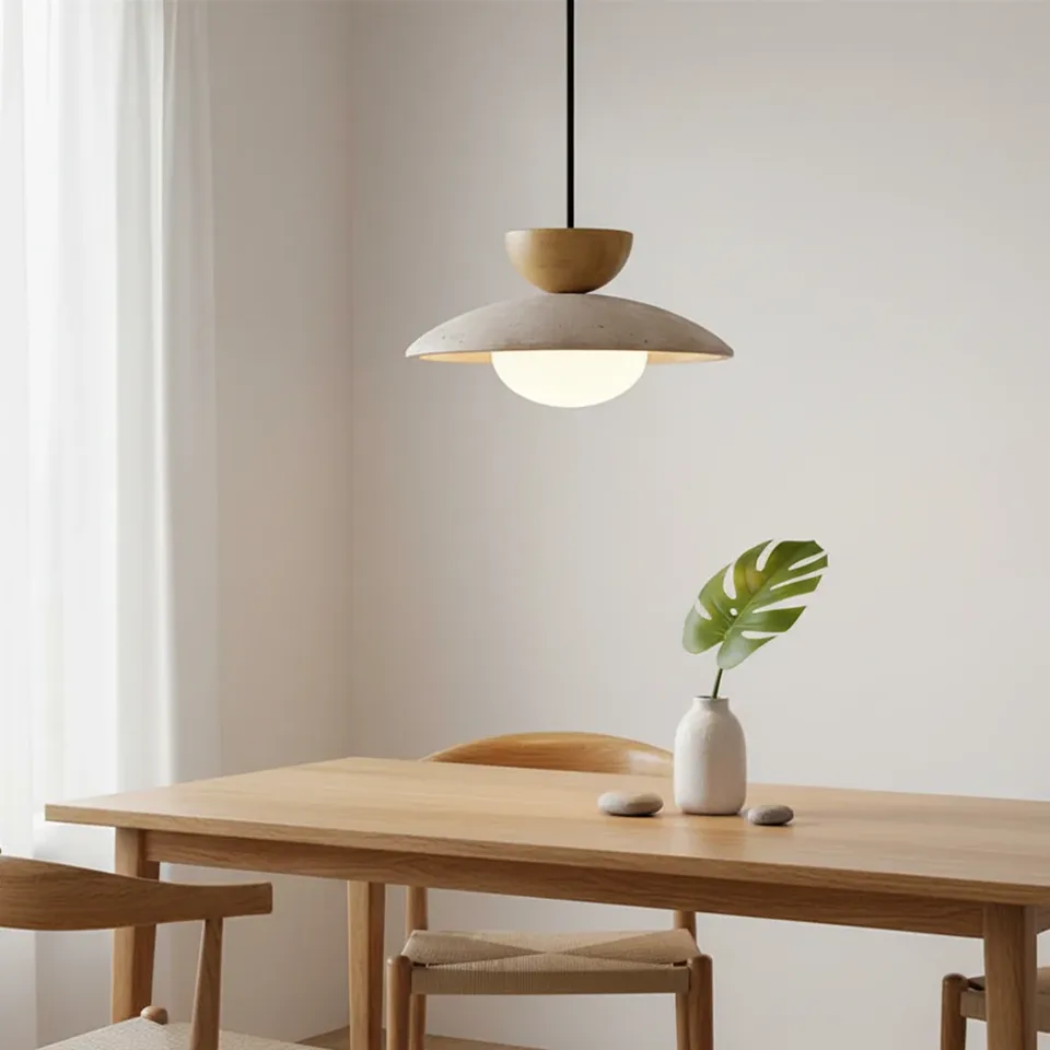 Travertine Stone Globe Pendant Light – Natural Stone, Wood & Opal Glass, 25 cm | Jagmag Lights 3 Travertine globe pendant light over an oak dining table with wishbone chairs