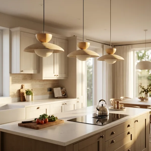 Three travertine globe pendant lights over a kitchen island with cream shaker cabinets