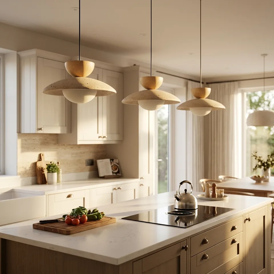 Travertine Stone Globe Pendant Light – Natural Stone, Wood & Opal Glass, 25 cm | Jagmag Lights 2 Three travertine globe pendant lights over a kitchen island with cream shaker cabinets