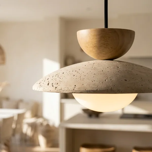Close-up of the travertine globe pendant light showing the pitted stone shade, wood cap and opal borosilicate glass globe