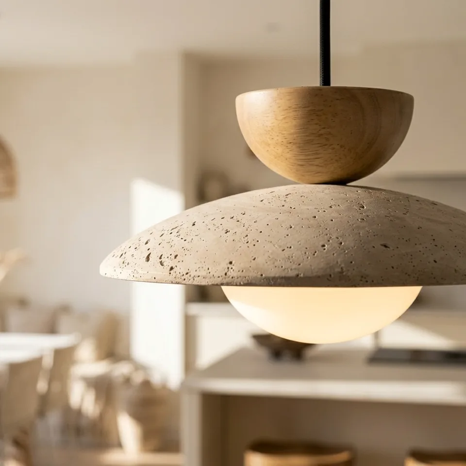 Travertine Stone Globe Pendant Light – Natural Stone, Wood & Opal Glass, 25 cm | Jagmag Lights 9 Close-up of the travertine globe pendant light showing the pitted stone shade, wood cap and opal glass globe