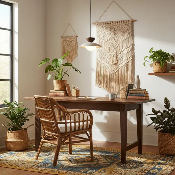 Travertine globe pendant light over a wooden study desk with macrame wall hangings and plants