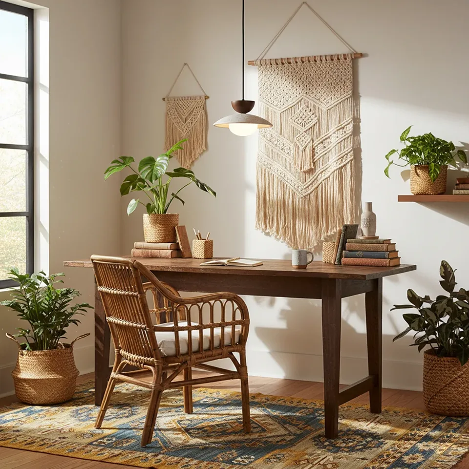 Travertine Stone Globe Pendant Light – Natural Stone, Wood & Opal Glass, 25 cm | Jagmag Lights 5 Travertine globe pendant light over a wooden study desk with macrame wall hangings and plants