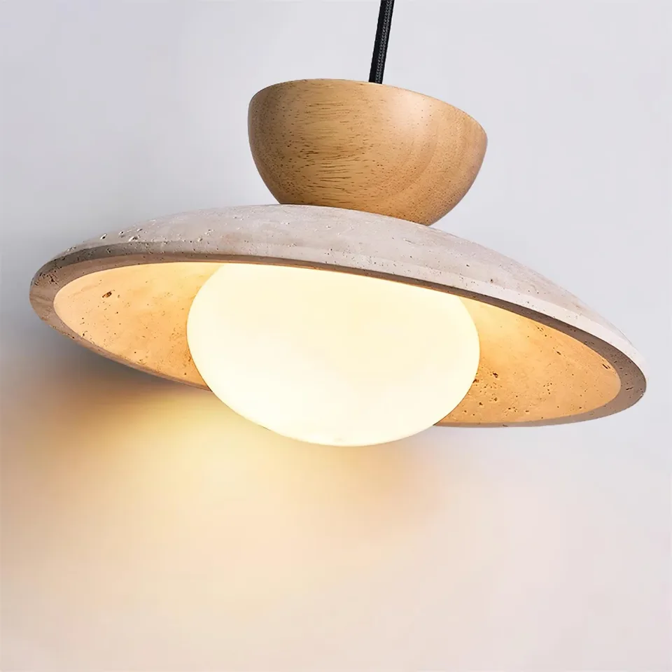 Travertine Stone Globe Pendant Light – Natural Stone, Wood & Opal Glass, 25 cm | Jagmag Lights 7 Underside of the travertine globe pendant light showing the glowing opal glass globe inside the stone shade