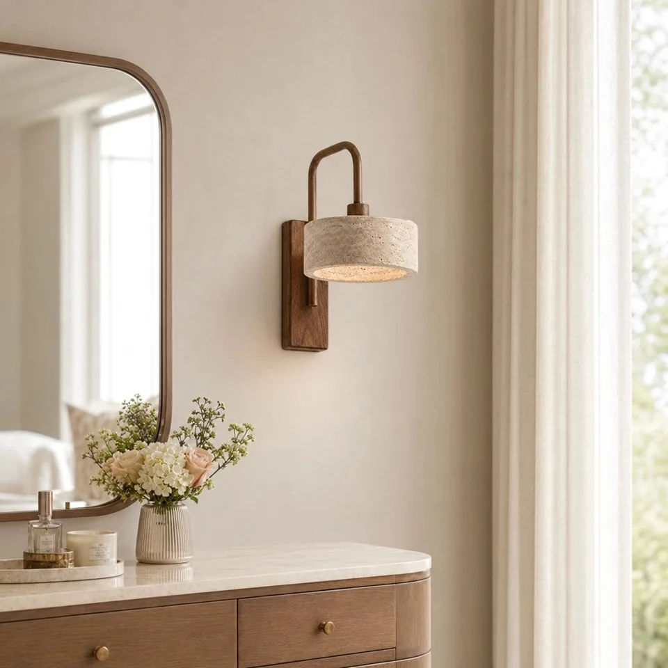 Travertine Gooseneck Wall Light – Drum Shade, 36 cm | Jagmag Lights 5 Travertine gooseneck wall light beside an arched mirror over a dressing table