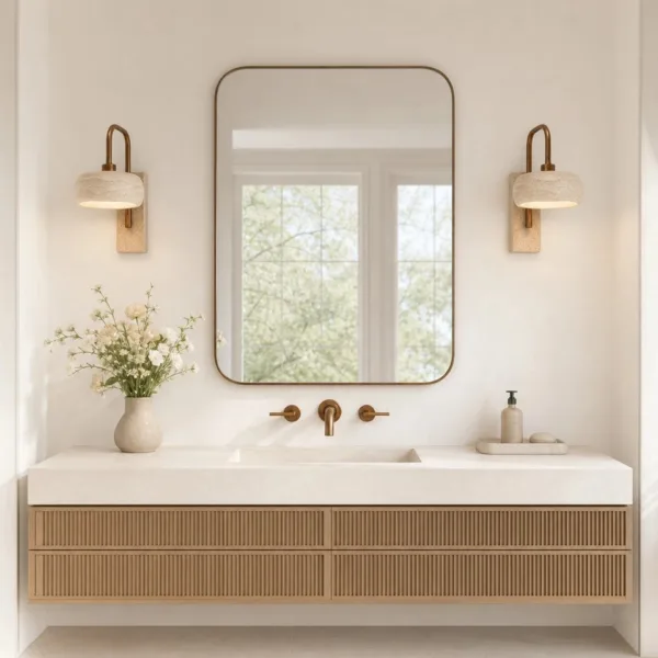 Pair of travertine gooseneck wall lights with travertine backplates either side of a vanity mirror above a fluted oak vanity