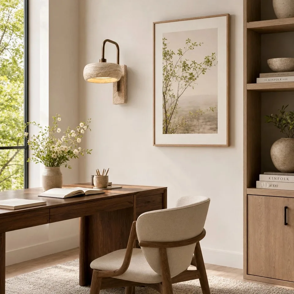 Travertine Gooseneck Wall Light – Drum Shade, 36 cm | Jagmag Lights 6 Travertine gooseneck wall light above a wooden desk in a bright study
