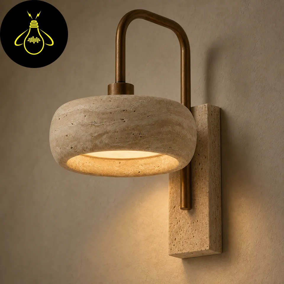 Travertine Gooseneck Wall Light – Drum Shade, 36 cm | Jagmag Lights 2 Travertine gooseneck wall light lit, with an all-travertine backplate