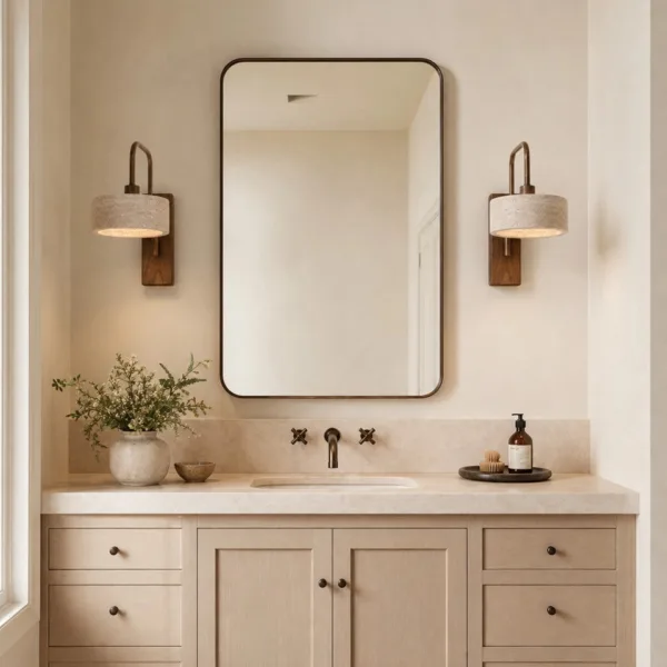 Two travertine gooseneck wall lights with walnut backplates framing a mirror above a cream vanity