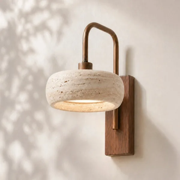 Travertine Gooseneck Wall Light – Drum Shade, 36 cm — 3D preview