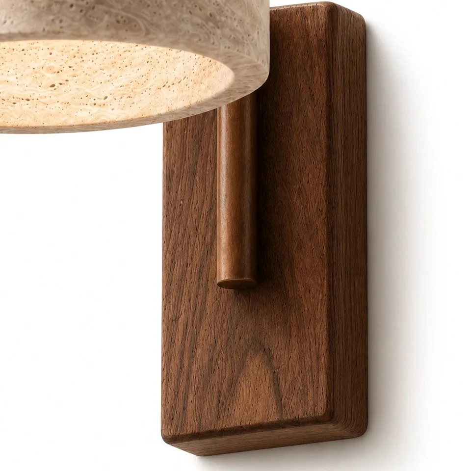 Travertine Gooseneck Wall Light – Drum Shade, 36 cm | Jagmag Lights 9 Close-up of the walnut wood backplate and bronze-finish arm of the travertine wall light