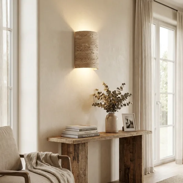 Travertine half cylinder wall sconce lighting the wall above a reclaimed wood console in a bright living room