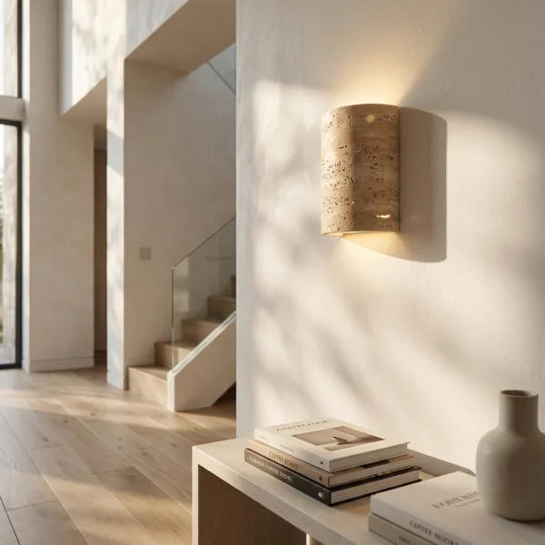 Travertine half cylinder wall sconce on a sunlit hallway wall, with a staircase and wooden floor beyond